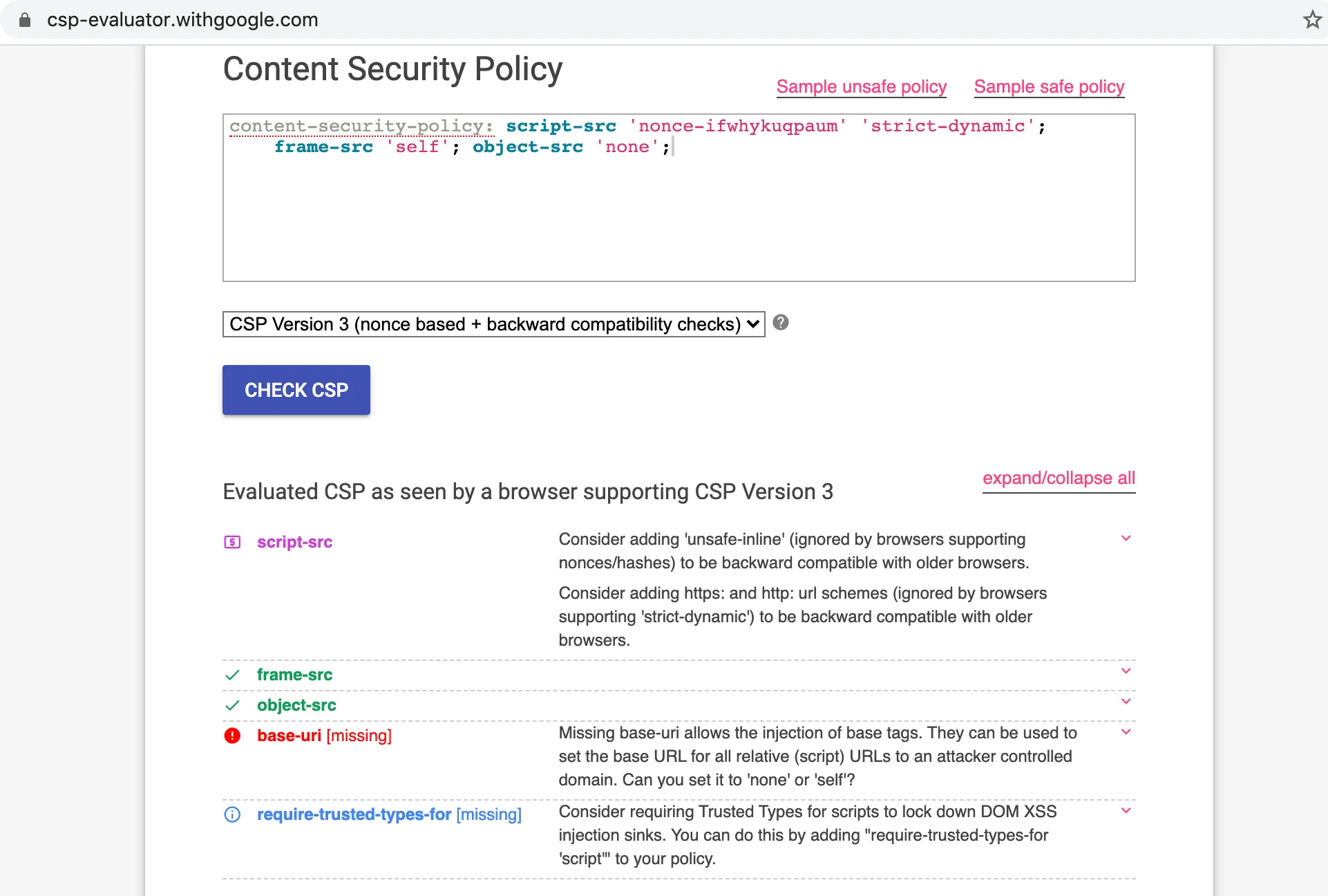 "csp evaluator's report"