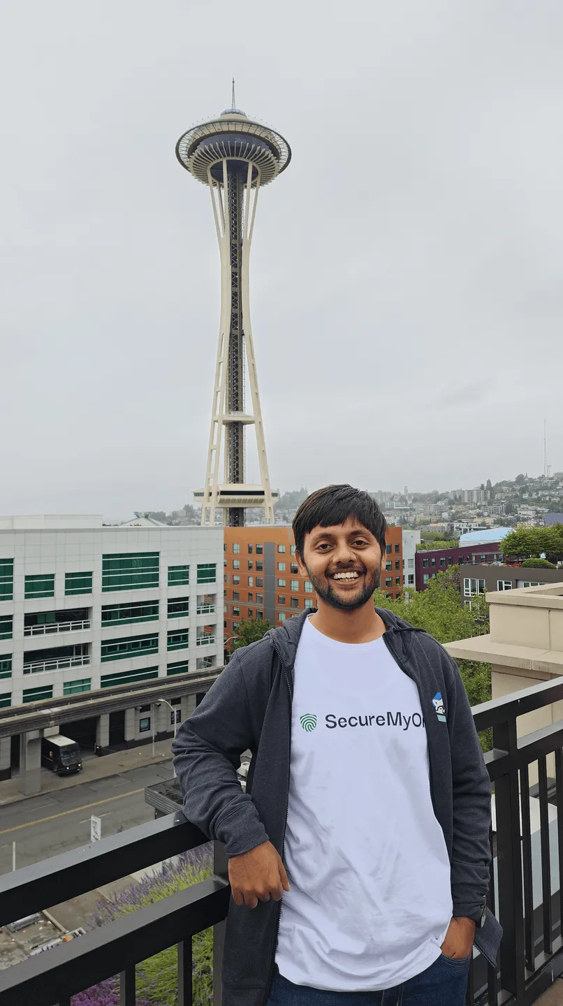 Aseem with SecureMyOrg t-shirt at Seattle Space Needle