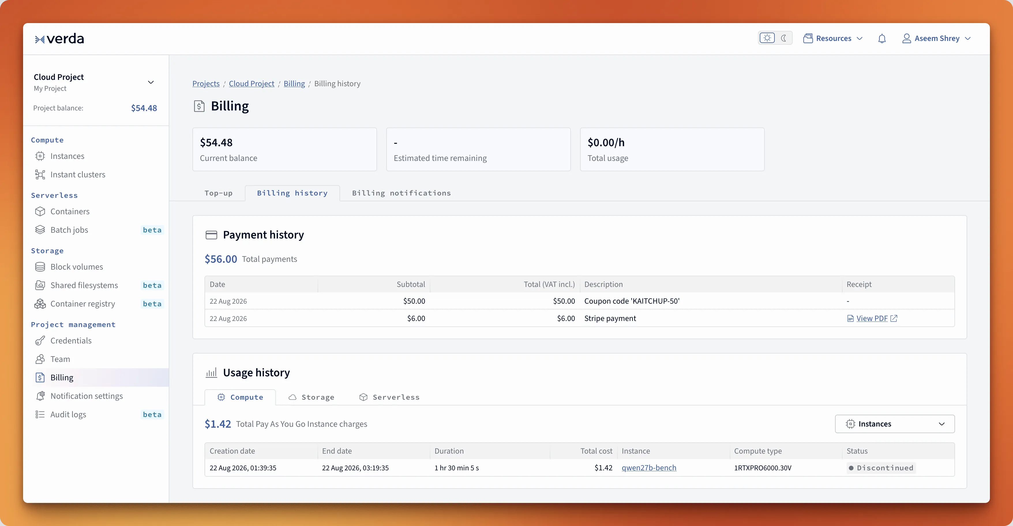 Verda billing history showing a 50 dollar coupon, 1 hour 30 minute instance duration, and 1.42 dollars in instance charges